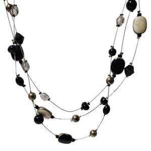 Elegant Black Gold Beaded Floating Necklace Multistrand Wire Oval Stone Accentsd